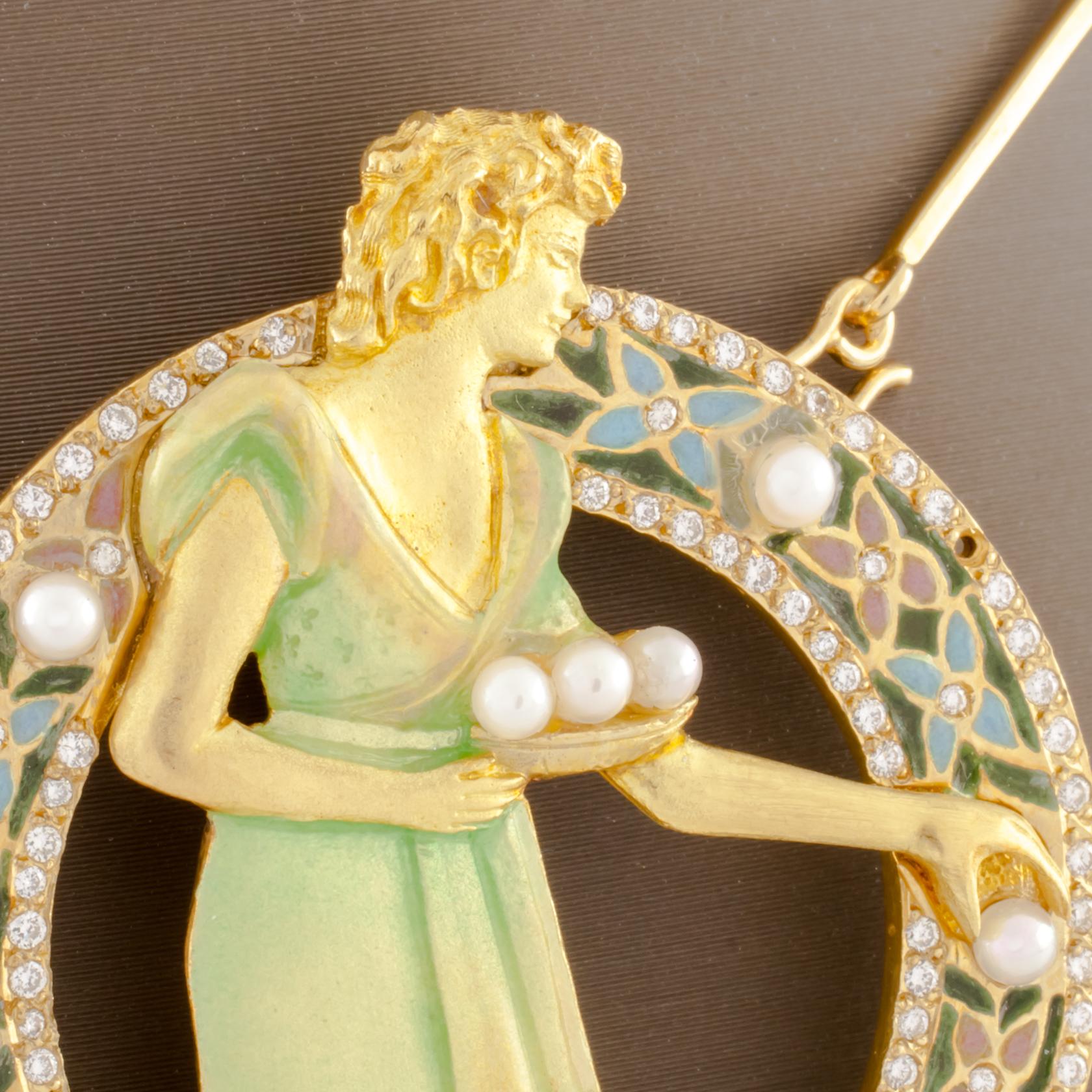 Art Nouveau 18 Karat Gold Plique-à-Jour Enamel, Pearl and Diamond Brooch Pendant In Good Condition For Sale In Sherman Oaks, CA
