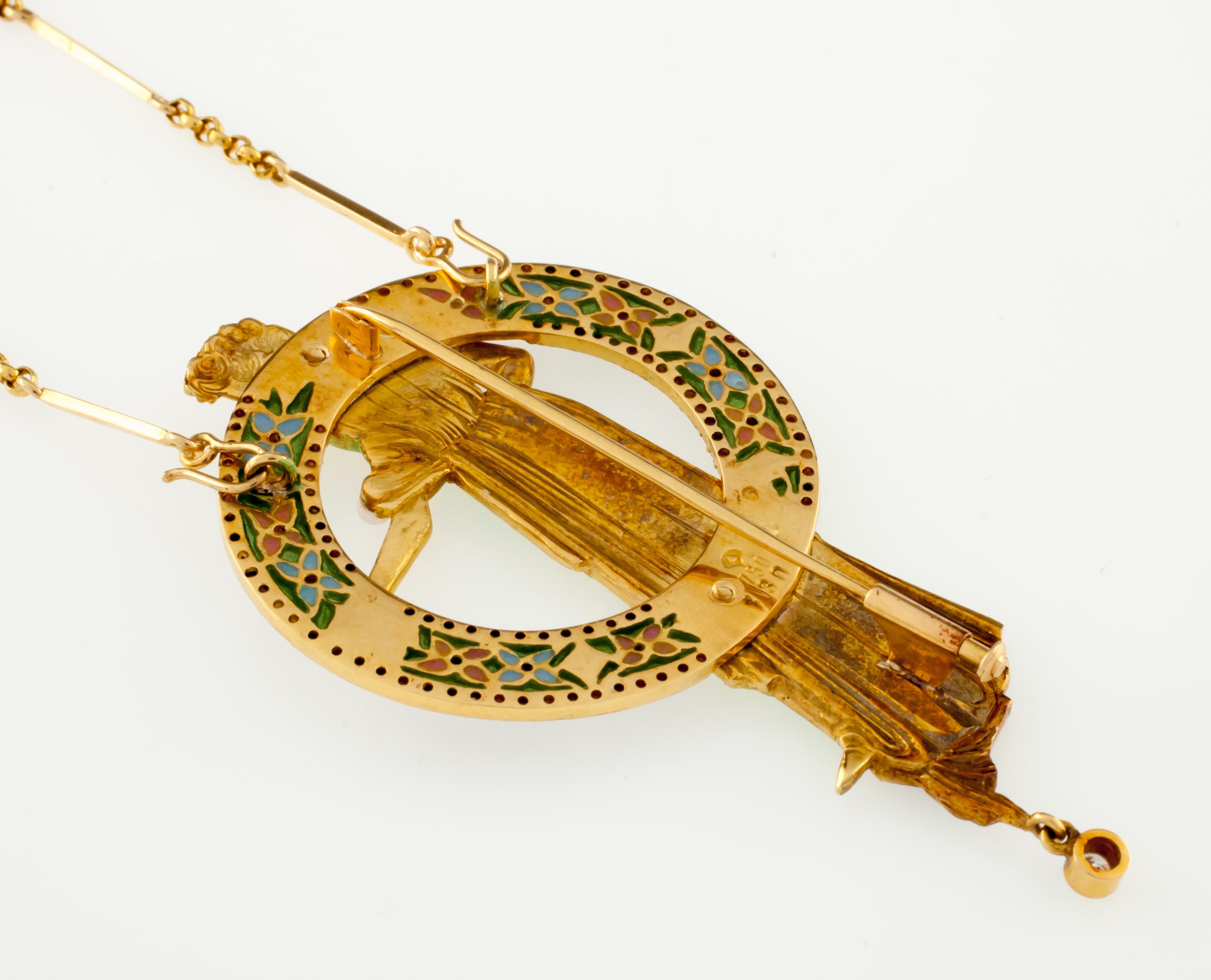 Women's Art Nouveau 18 Karat Gold Plique-à-Jour Enamel, Pearl and Diamond Brooch Pendant For Sale