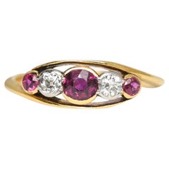 Art Nouveau 18k Gold Ruby & Diamond 5-Stone Crossover Ring, Circa, 1890