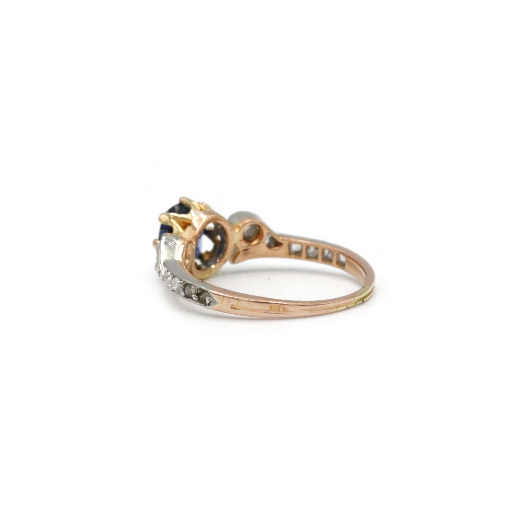 Bague Art Nouveau en or 18K avec saphir et épaulement en diamant taillé en rose Bon état - En vente à MONTMORENCY, FR