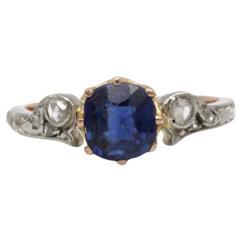 Bague Art Nouveau en or 18K avec saphir et épaulement en diamant taillé en rose