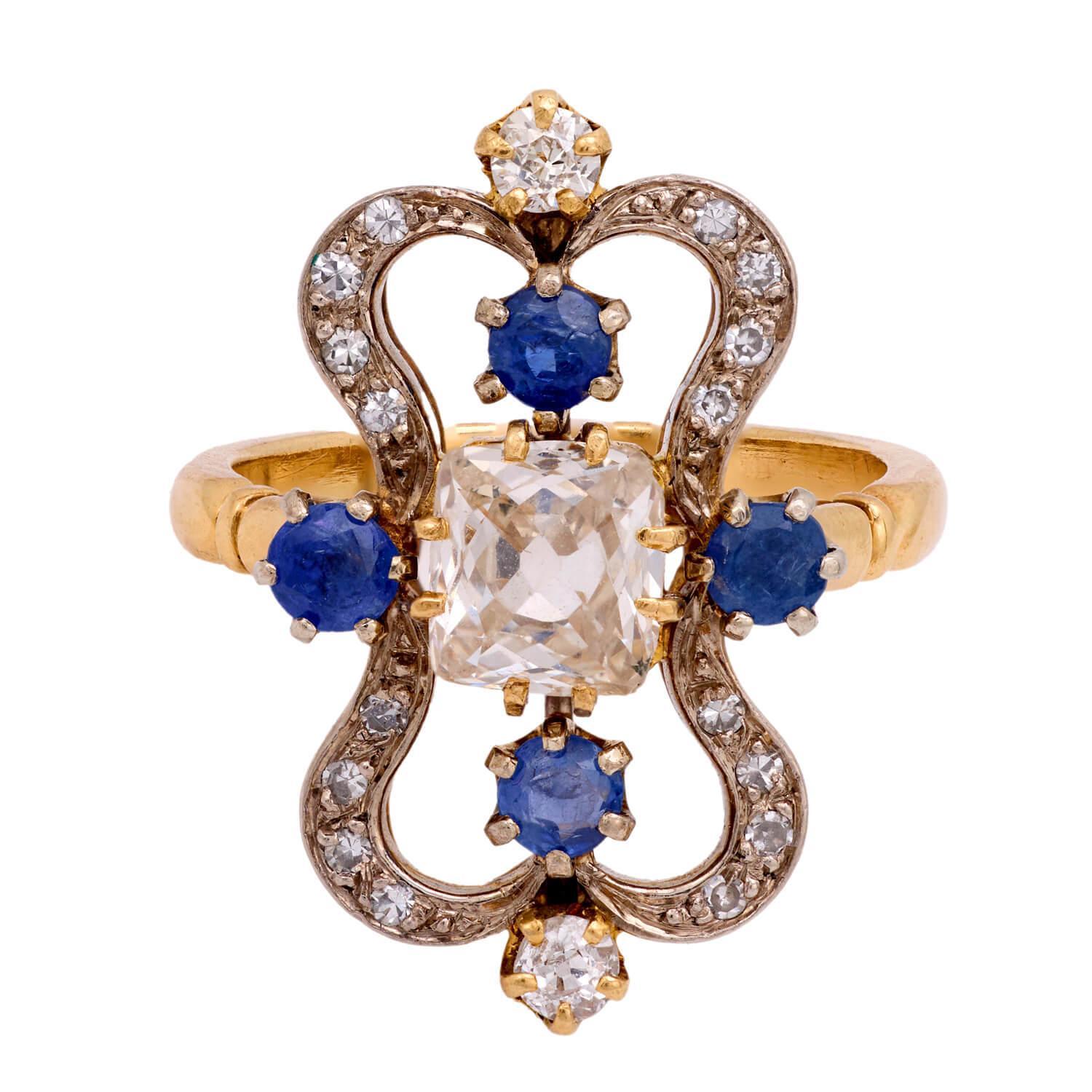 Taglio rotondo Anello Art Nouveau 18k/platino con diamanti e zaffiri in vendita