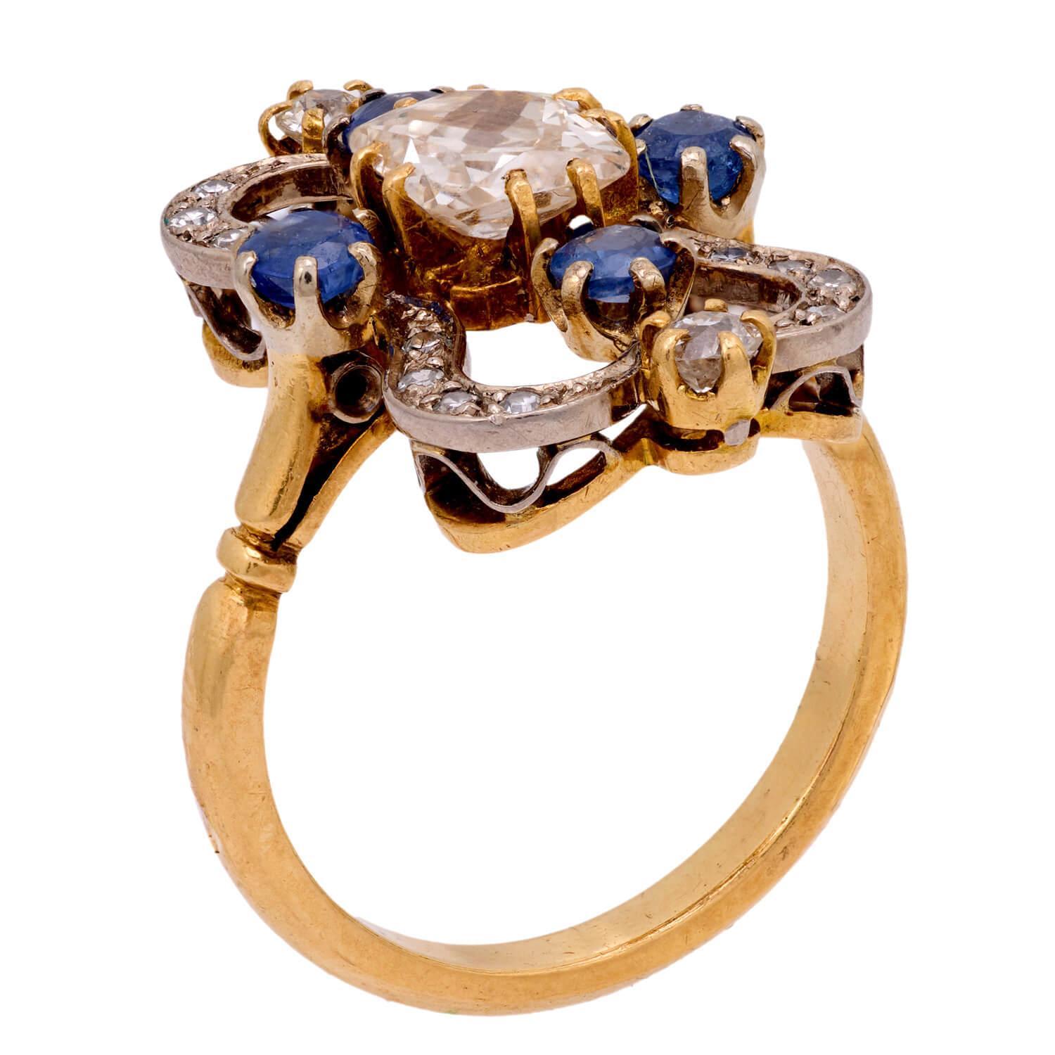 Anello Art Nouveau 18k/platino con diamanti e zaffiri In condizioni buone in vendita a Narberth, PA