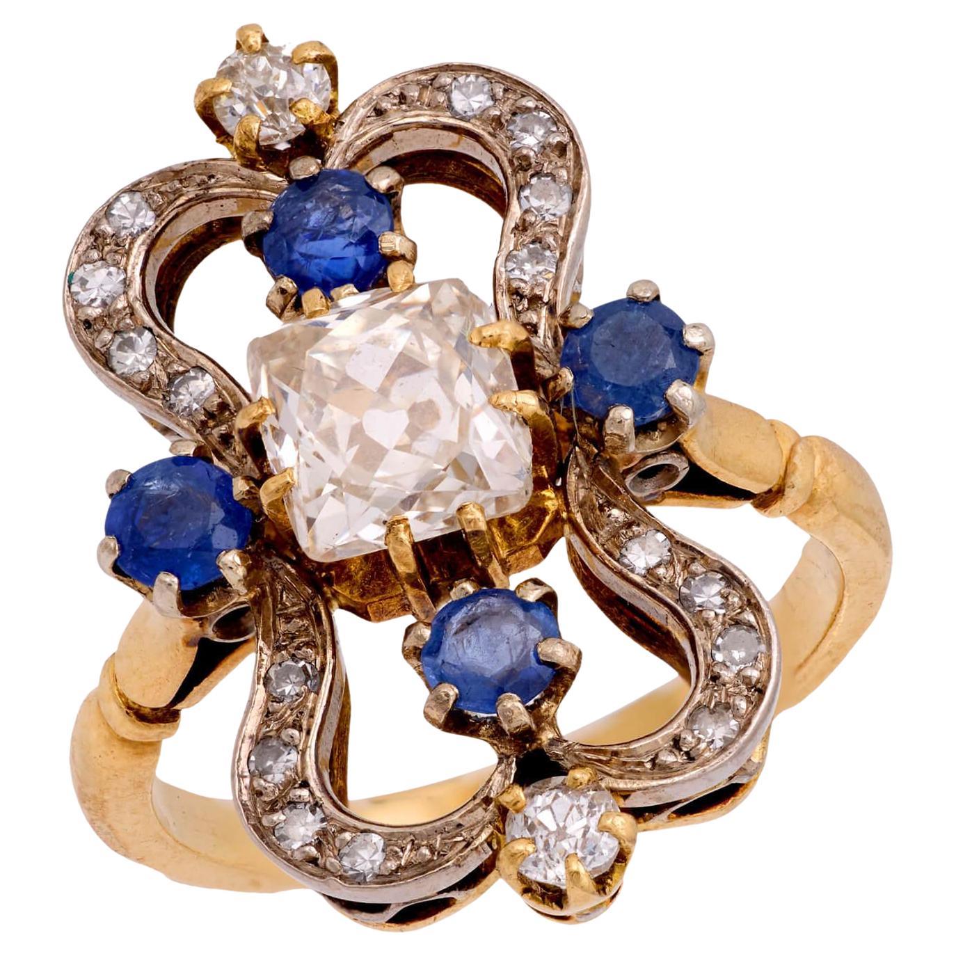 Anello Art Nouveau 18k/platino con diamanti e zaffiri in vendita