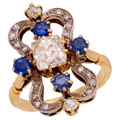 Anello Art Nouveau 18k/platino con diamanti e zaffiri