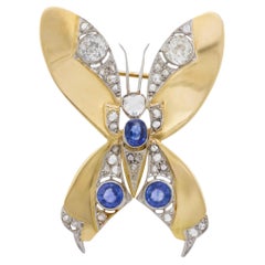 Spilla/pendente a forma di farfalla in stile Art Nouveau 18k/platino con zaffiro e diamanti