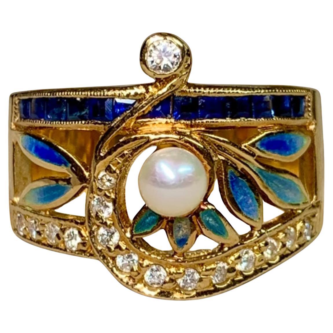 Art Nouveau 18K Plique A Jour Enamel Diamond Sapphire Pearl Floral Ring Sz 6.5