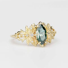 Art Nouveau 18k Yellow Gold Green Moissanite and Diamond ring - by NOOI JEWELRY