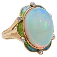 Art Nouveau 18kt Enameled 12ct Opal + Diamond Ring