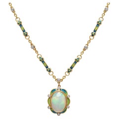 Art Nouveau 18kt Enameled Opal + Diamond Necklace