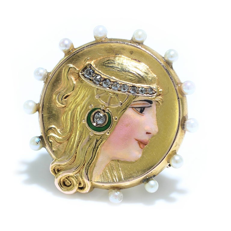 Old European Cut Art Nouveau 18kt Gold Brooch and Pendant with Enamel Lady Decoration, 1910 For Sale