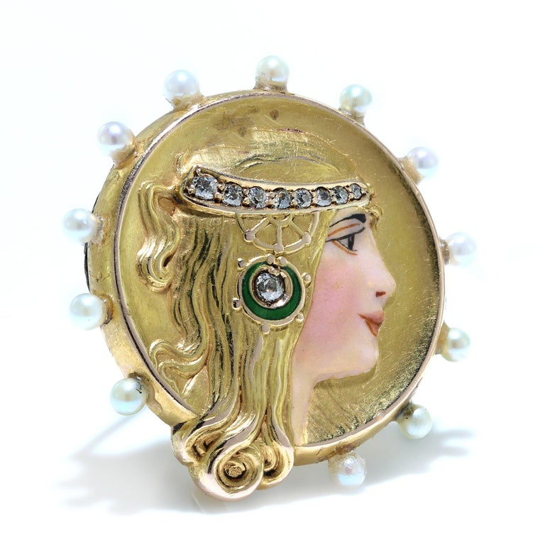 Art Nouveau 18kt Gold Brooch and Pendant with Enamel Lady Decoration, 1910 For Sale 2
