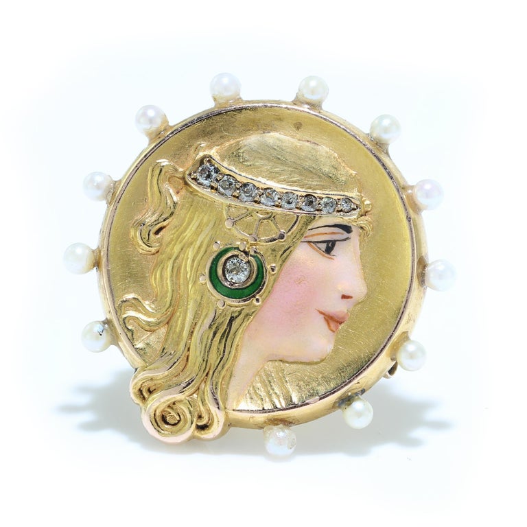 Art Nouveau 18kt Gold Brooch and Pendant with Enamel Lady Decoration, 1910 For Sale 3