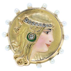 Art Nouveau 18kt Gold Brooch and Pendant with Enamel Lady Decoration, 1910