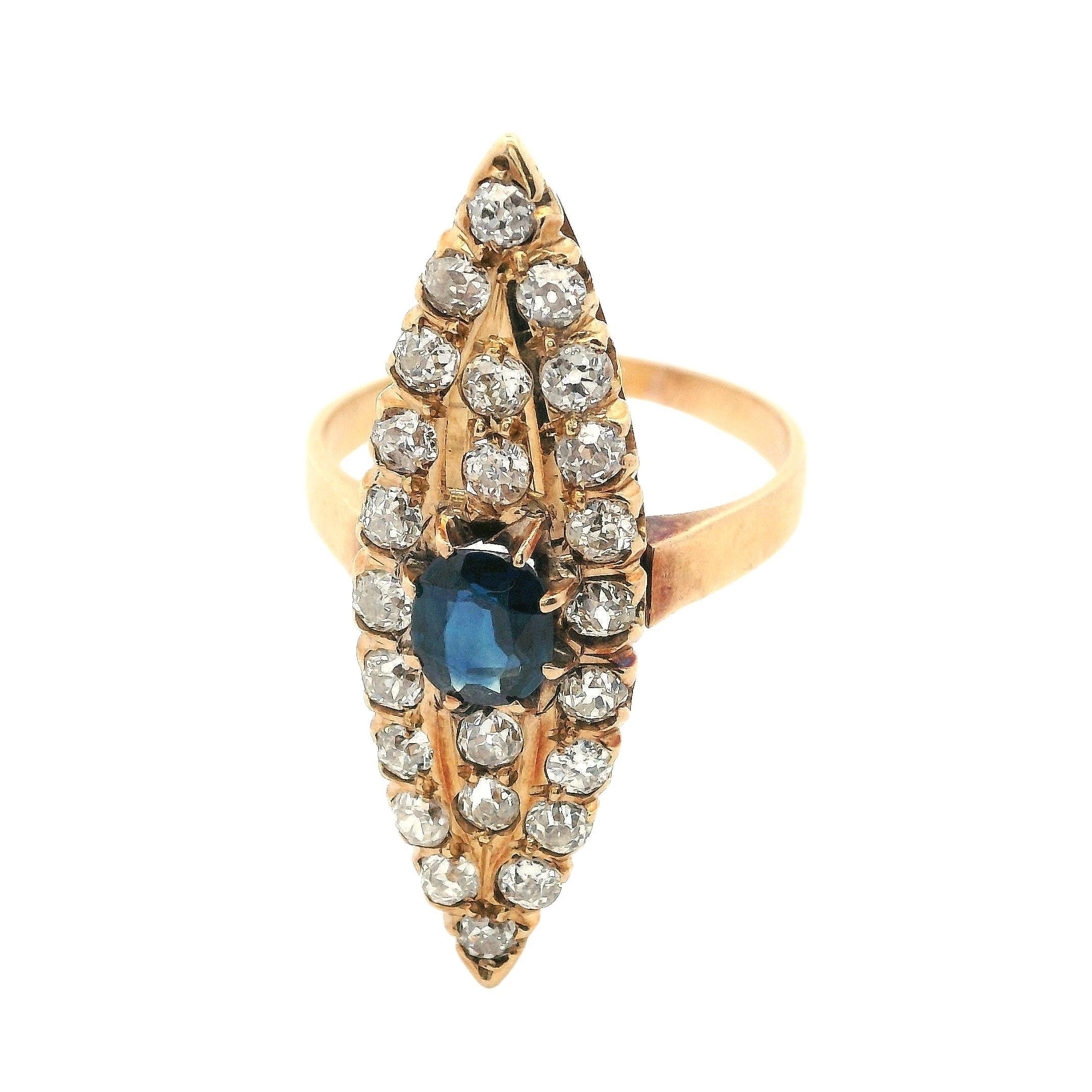 Old Mine Cut Art Nouveau 1900s Ring in 18kt Gold with Diamonds and Sapphire For Sale