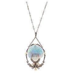 Art Nouveau 18kt + Sterling Carved Opal Diamond + Pearl Pendant Necklace