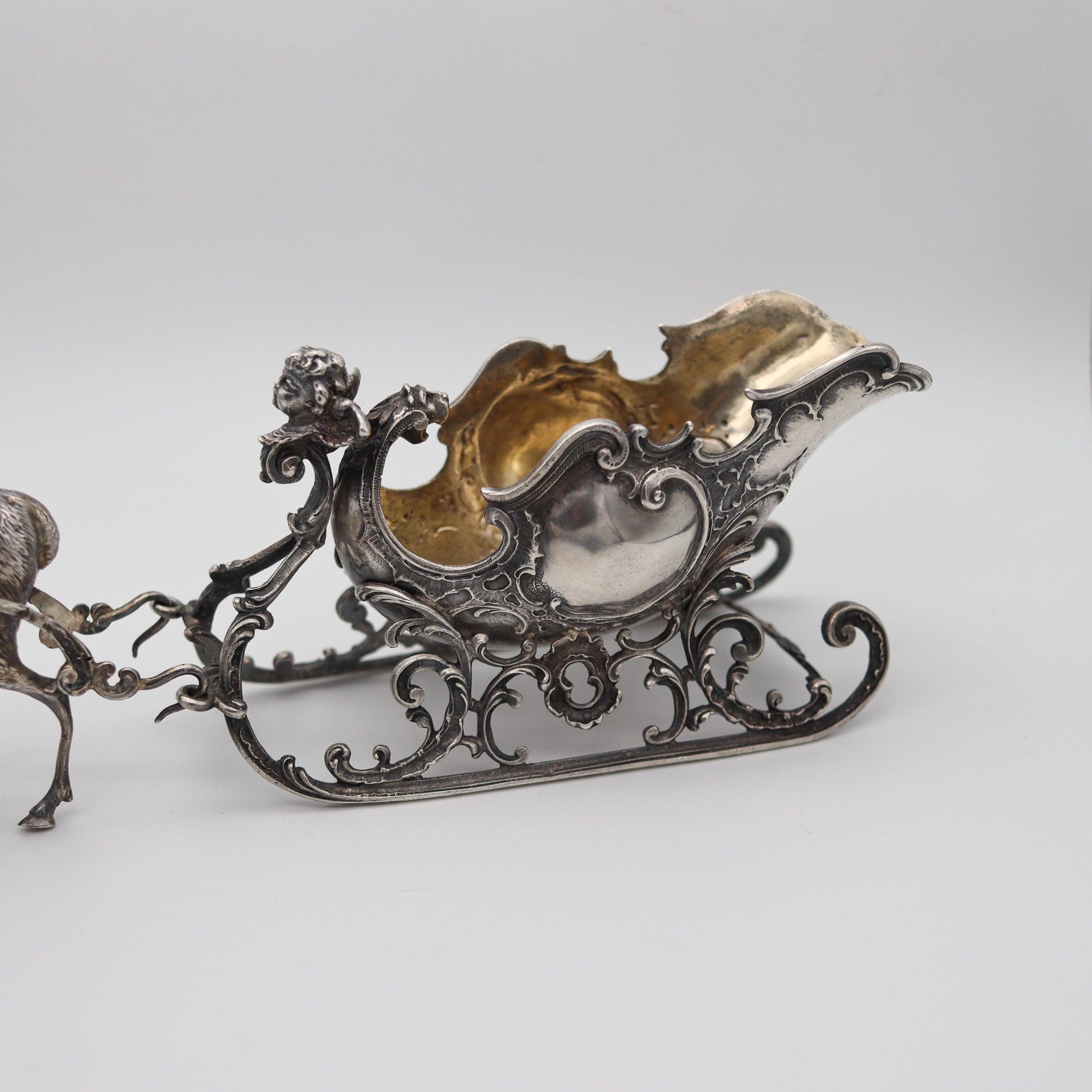 Art Nouveau ART NOUVEAU 1900 Antique German Spoon Rest In .935 Silver With Reindeer & Sleigh