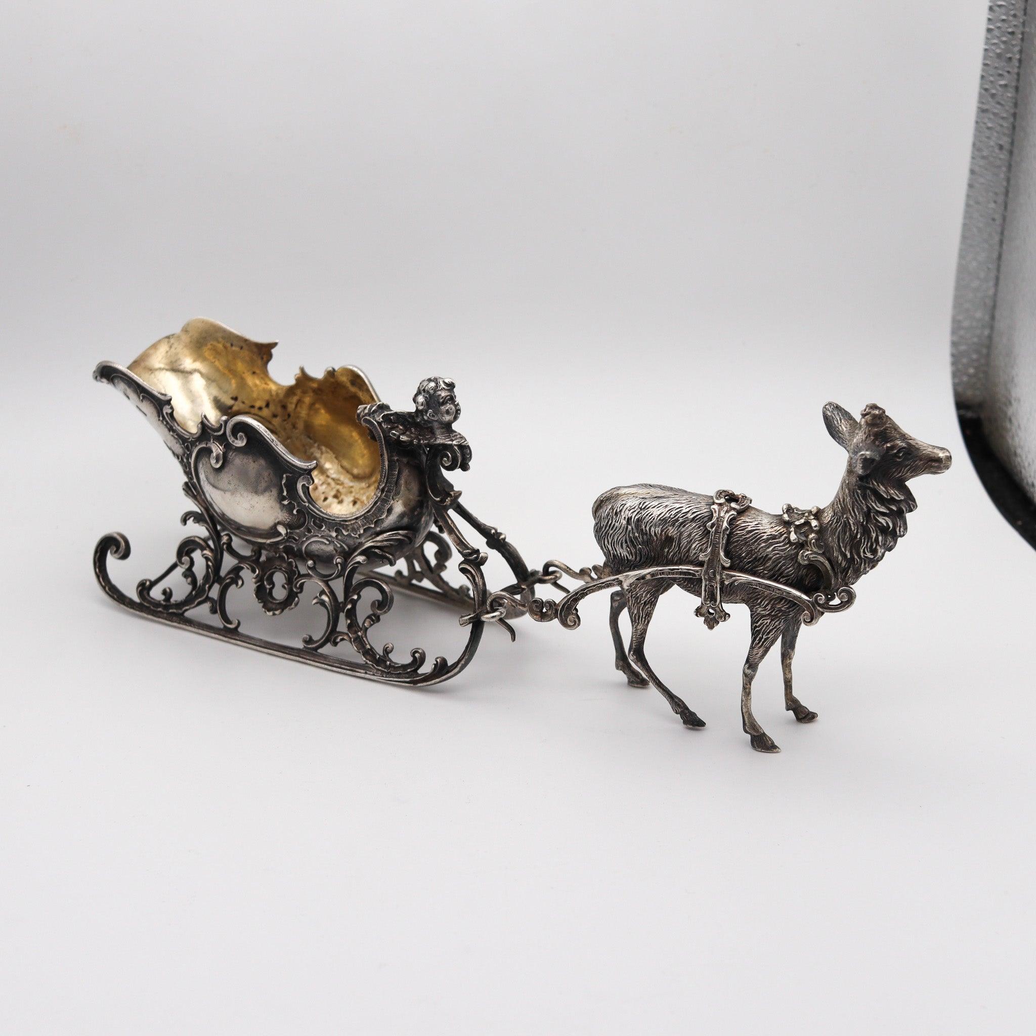 Hand-Crafted ART NOUVEAU 1900 Antique German Spoon Rest In .935 Silver With Reindeer & Sleigh