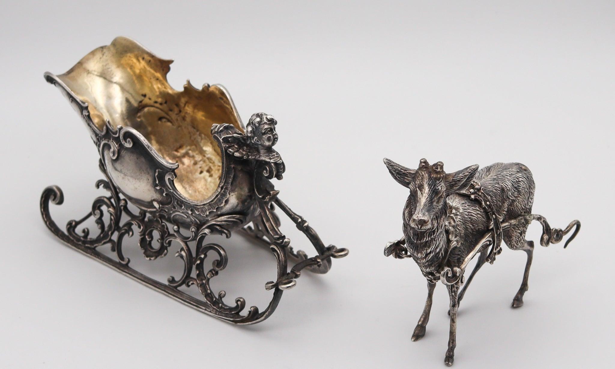 Early 20th Century ART NOUVEAU 1900 Antique German Spoon Rest In .935 Silver With Reindeer & Sleigh