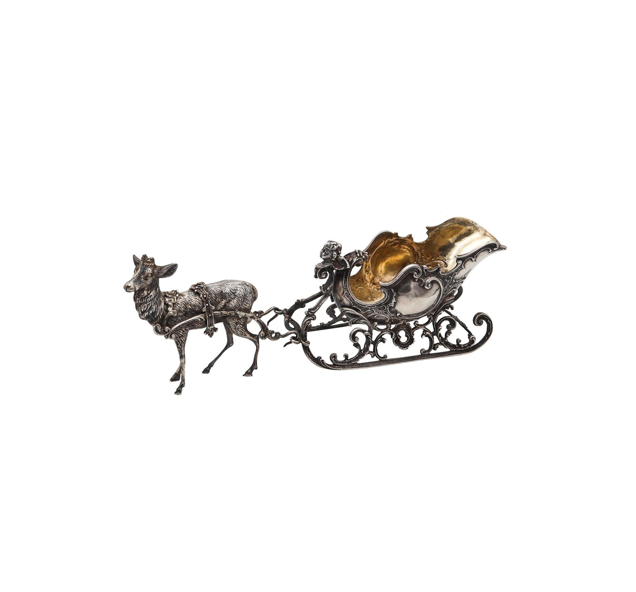 ART NOUVEAU 1900 Antique German Spoon Rest In .935 Silver With Reindeer & Sleigh 1