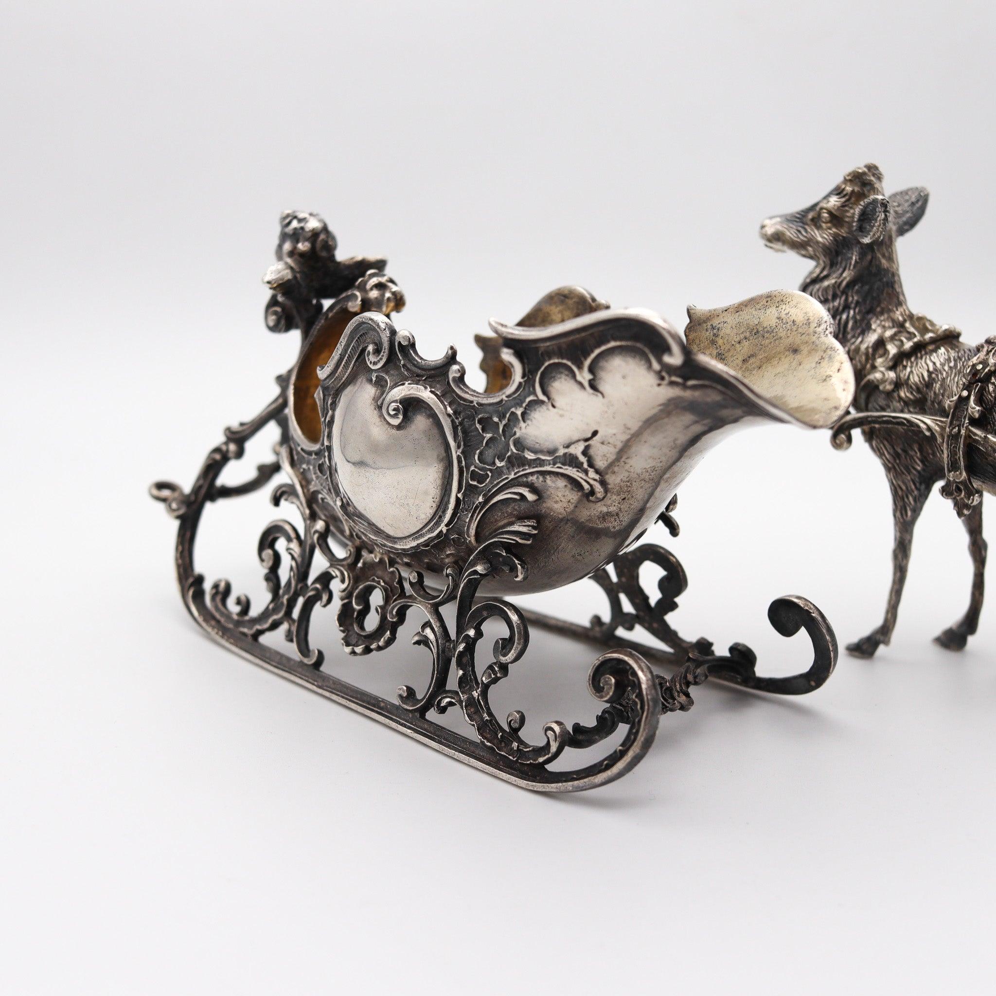 ART NOUVEAU 1900 Antique German Spoon Rest In .935 Silver With Reindeer & Sleigh 3