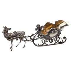 ART NOUVEAU 1900 Antique German Spoon Rest In .935 Silver With Reindeer & Sleigh