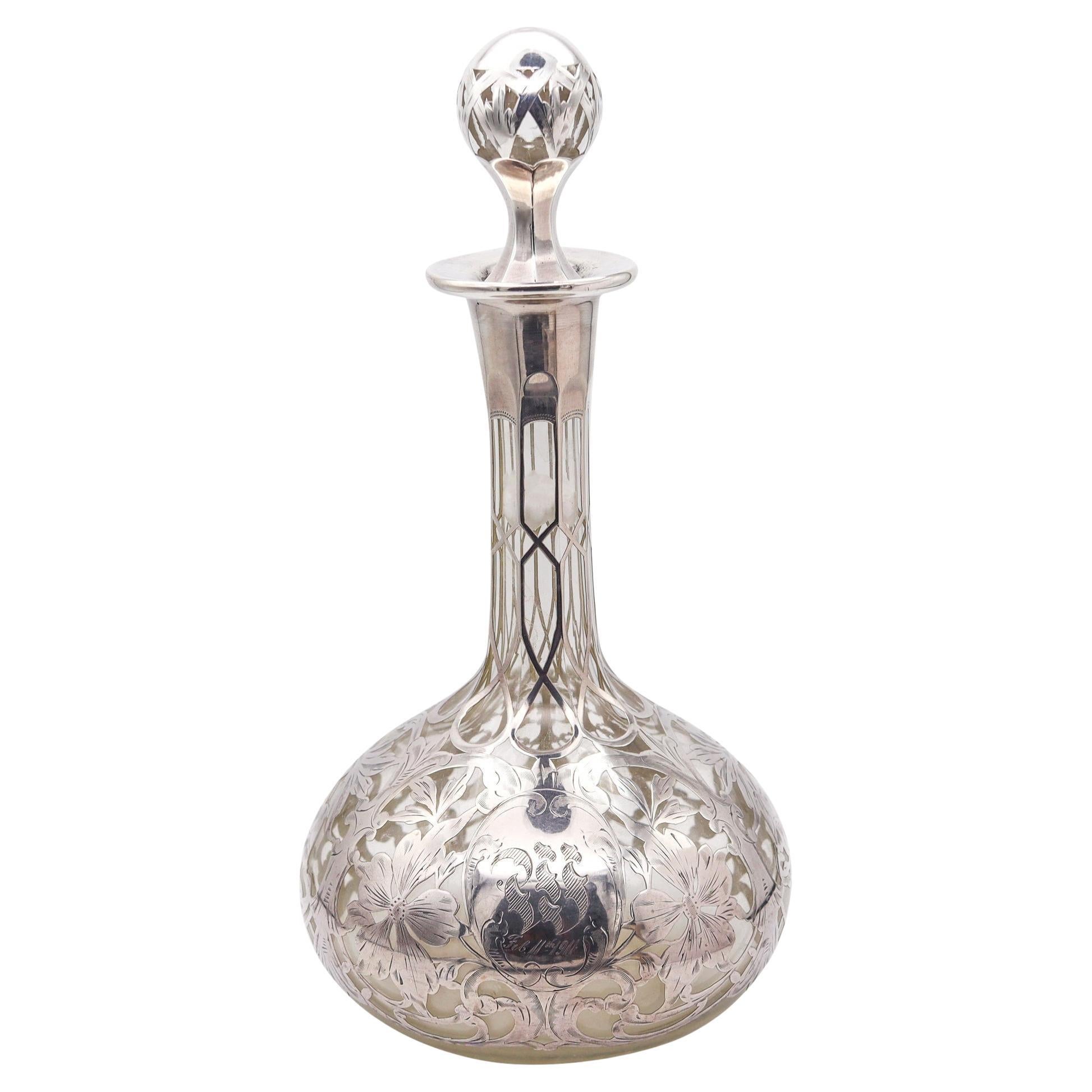 ART NOUVEAU 1900 Clear Glass Decanter-Bottle With Overlay .999 Sterling Silver
