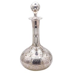 ART NOUVEAU 1900 Clear Glass Decanter-Bottle With Overlay .999 Sterling Silver