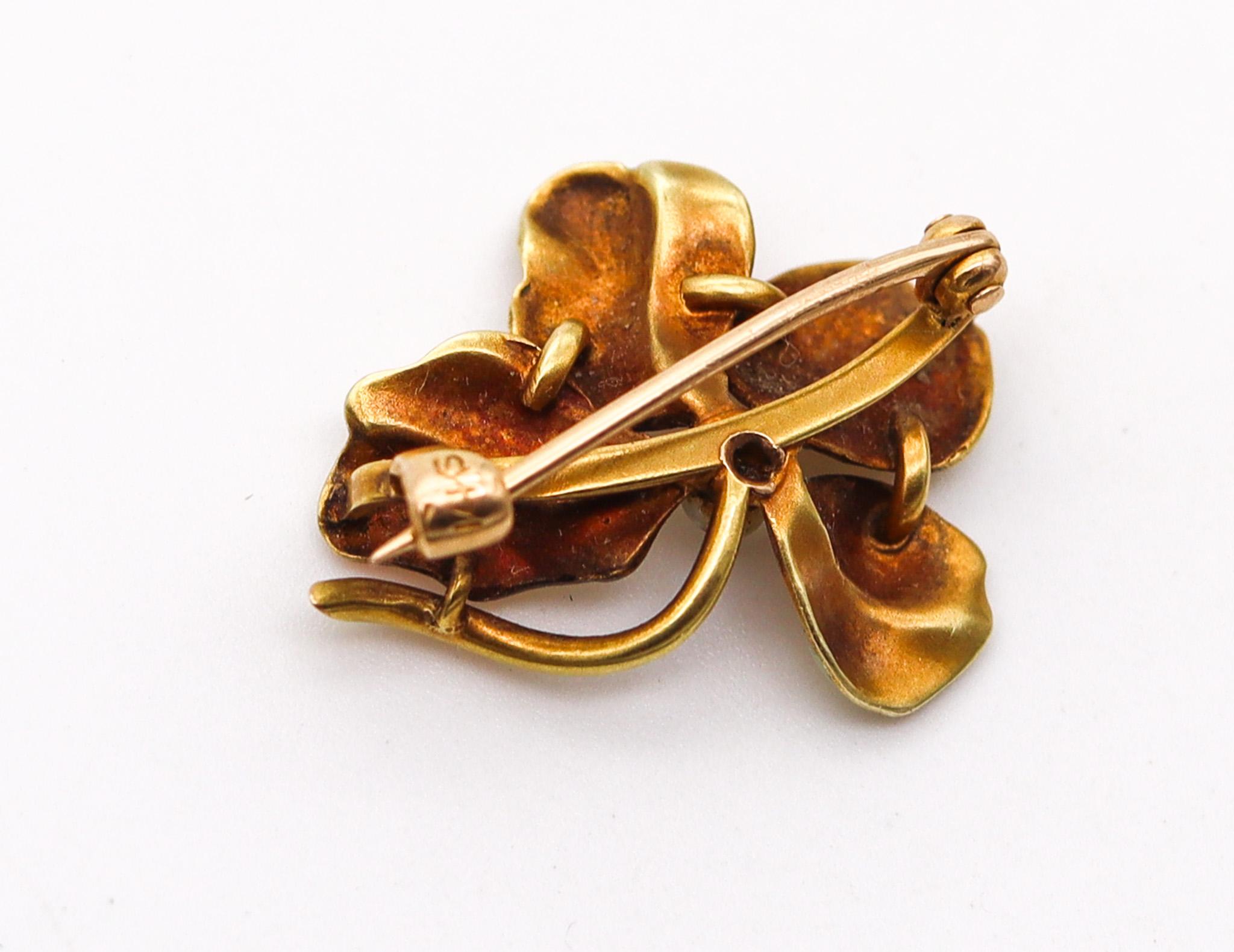 Round Cut Art Nouveau 1900 Edwardian Enamel Orchid Flower Brooch In 14Kt Gold and Pearl For Sale
