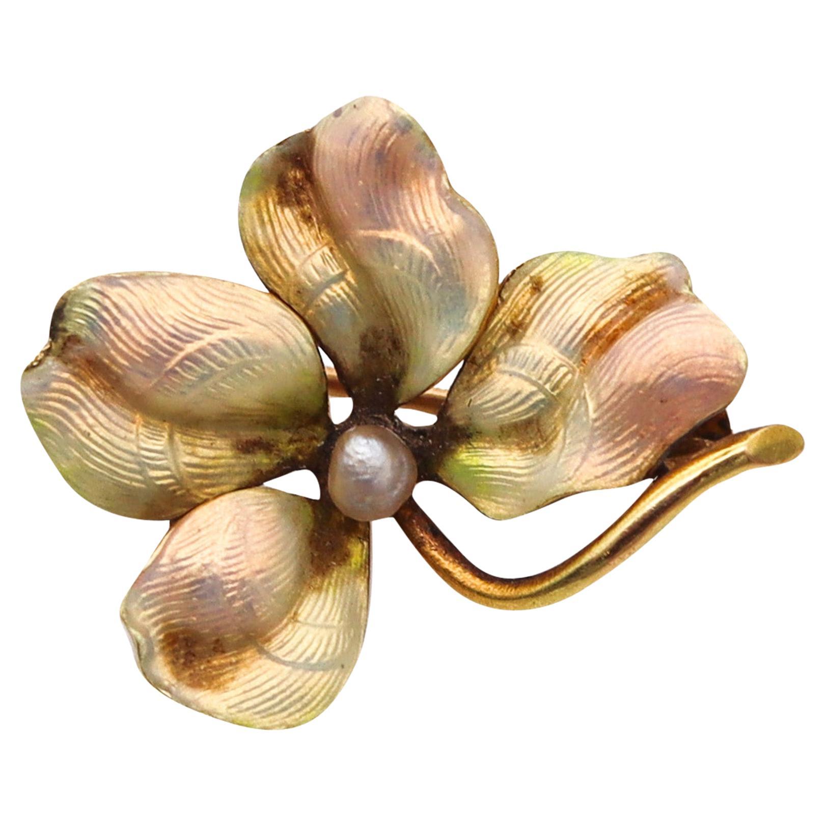 Art Nouveau 1900 Edwardian Enamel Orchid Flower Brooch In 14Kt Gold and Pearl For Sale