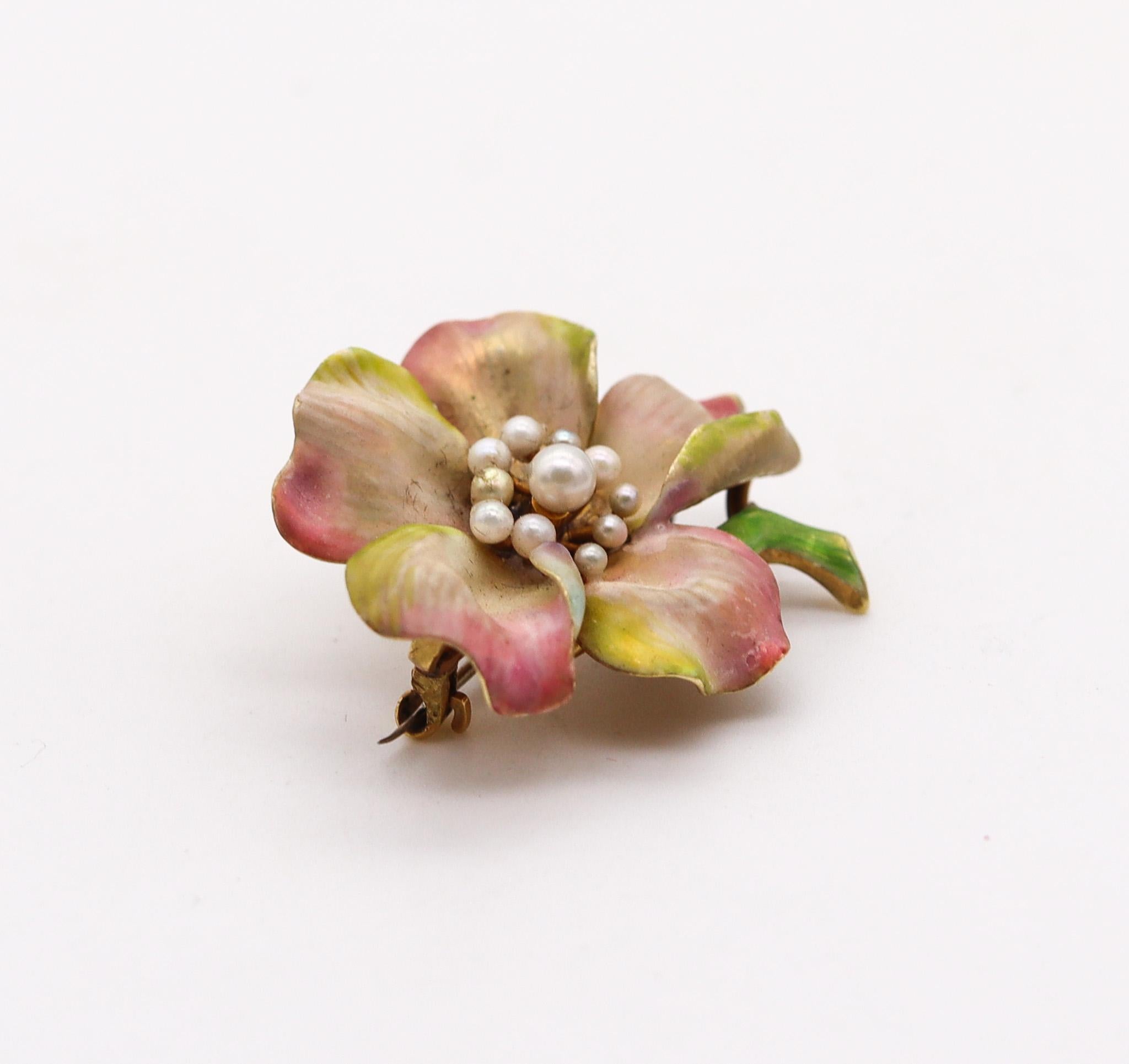 Edwardian art nouveau enamel Orchid brooch.

An exceptional three-dimensional piece, created in America during the Edwardian and the Art Nouveau periods, back in the 1901-1910. This rare beautiful pin brooch has been carefully crafted in the shape