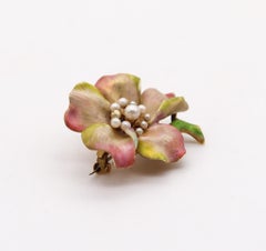 Art Nouveau 1900 Edwardian Enamel Orchid Flower Brooch in 14 Karat Yellow Gold