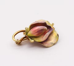 Art Nouveau 1900 Edwardian Enamel Orchid Flower Brooch In 18Kt Yellow Gold