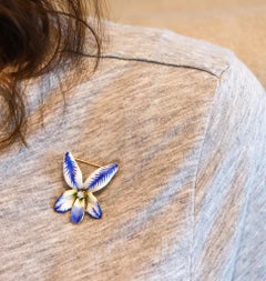ART NOUVEAU 1900 Edwardian Enamel Orchid Flower In 14Kt Gold With Diamond