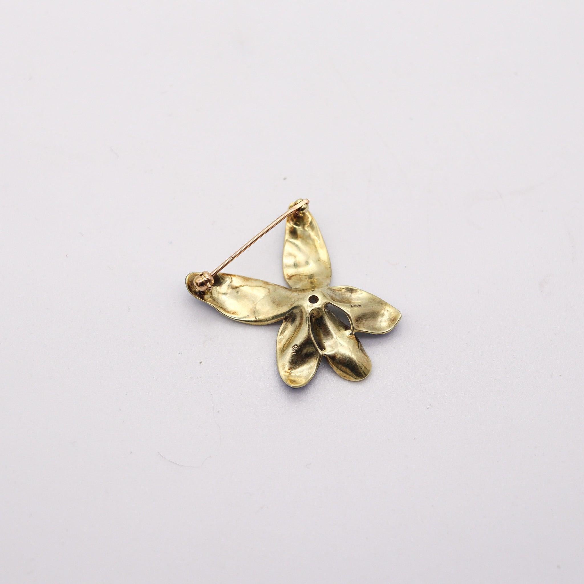 ART NOUVEAU 1900 Edwardiano Fiore di orchidea smaltato in oro 14Kt con diamante In condizioni ottime in vendita a Miami, FL