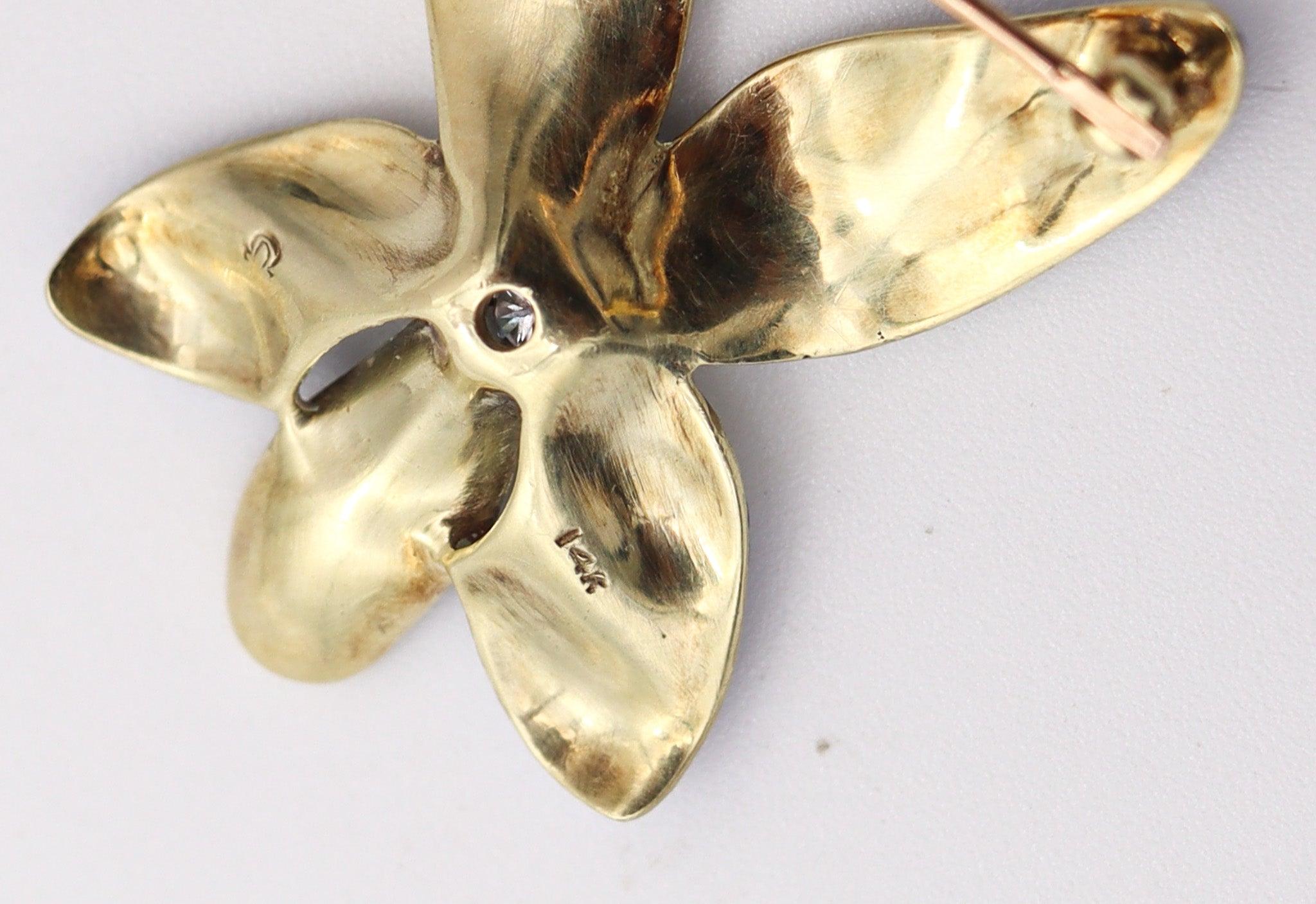 Donna ART NOUVEAU 1900 Edwardiano Fiore di orchidea smaltato in oro 14Kt con diamante in vendita