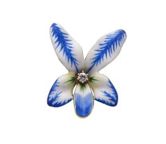 ART NOUVEAU 1900 Edwardian Enamel Orchid Flower In 14Kt Gold With Diamond