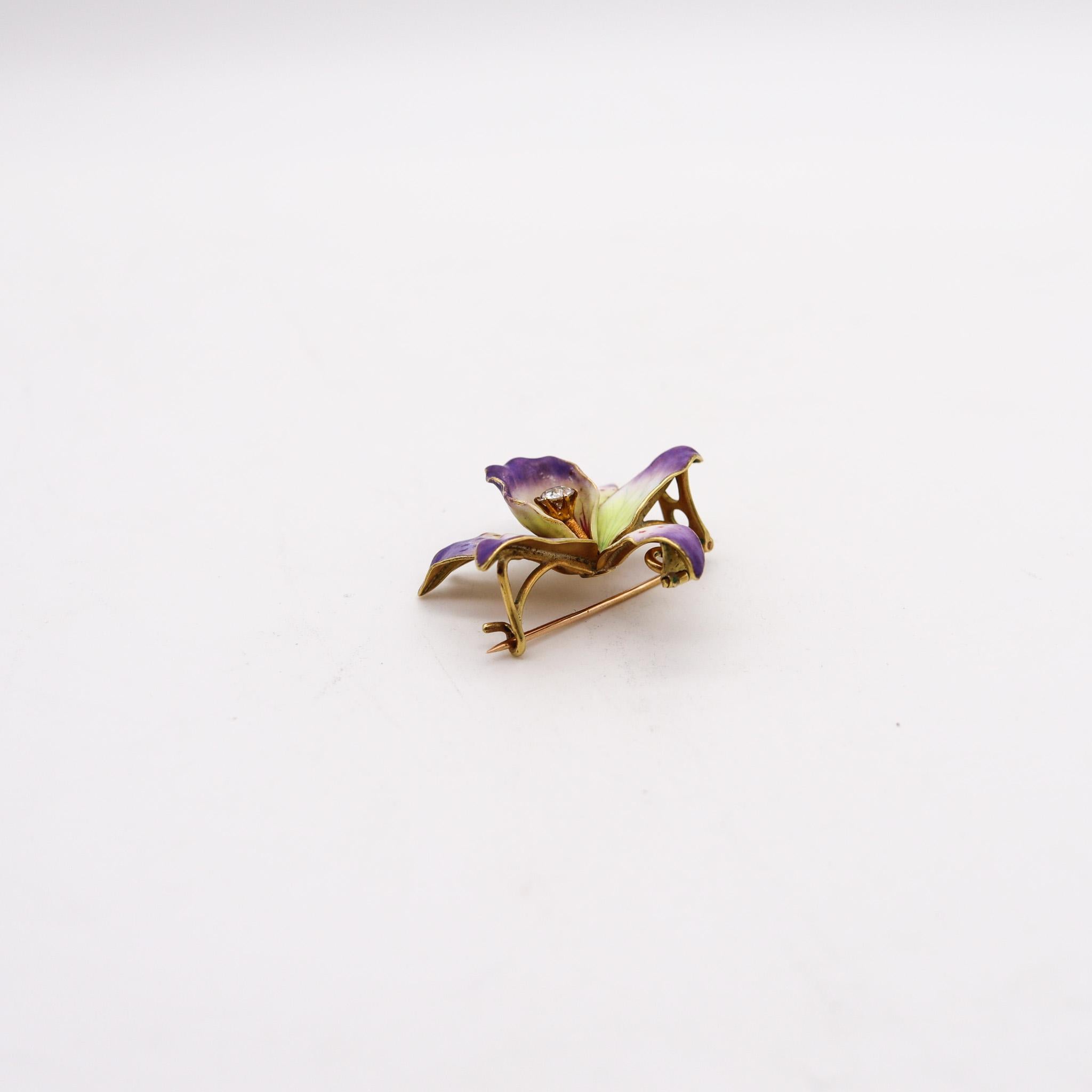 Edwardian art nouveau enamel Orchid pendant-brooch.

Really fantastic three-dimensional piece, created in America during the Edwardian and the Art Nouveau periods, back in the 1900-1910. This rare beautiful pendant brooch is very unusual due the