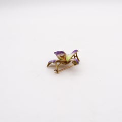 Art Nouveau 1900 Edwardian Enamel Orchid Flower In 18Kt Gold With Diamond
