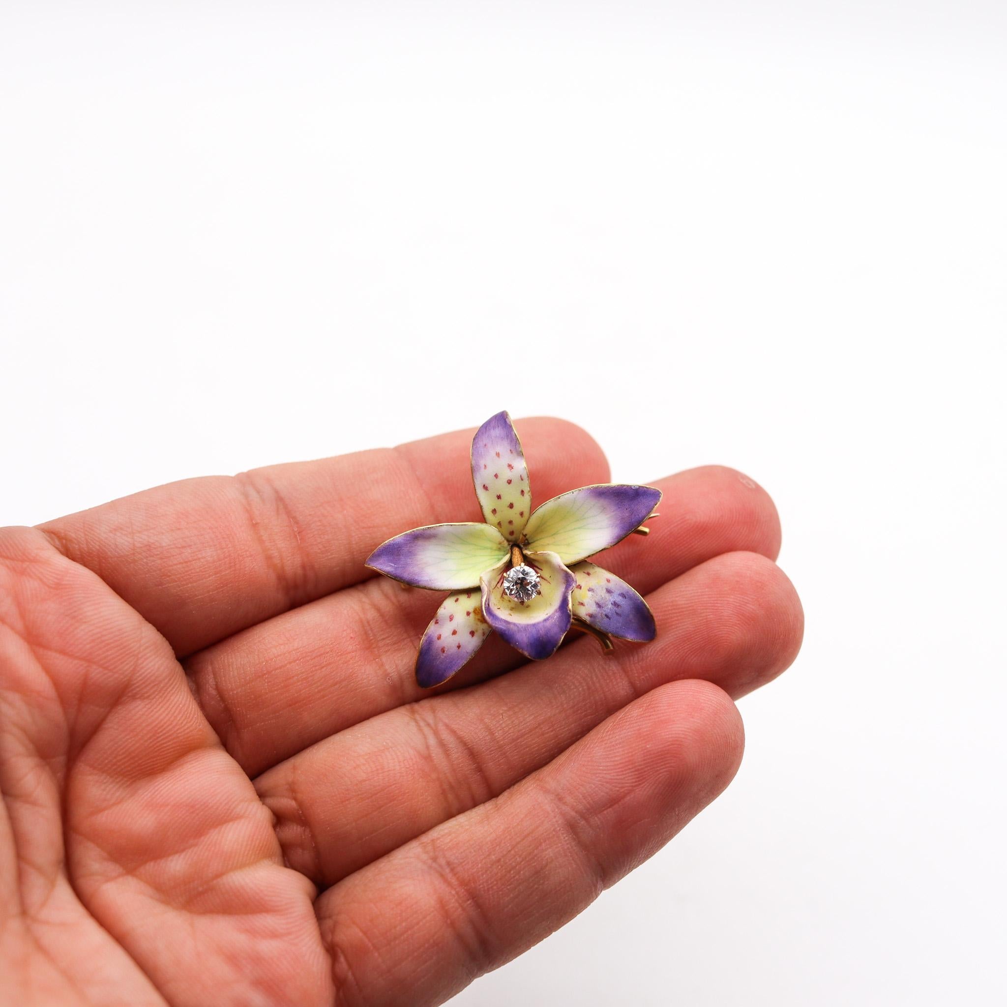 Art Nouveau 1900 Edwardian Enamel Orchid Flower In 18Kt Gold With Diamond In Excellent Condition In Miami, FL