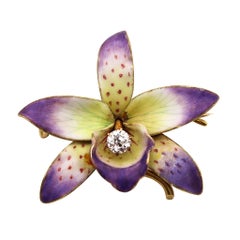 Art Nouveau 1900 Edwardian Enamel Orchid Flower In 18Kt Gold With Diamond