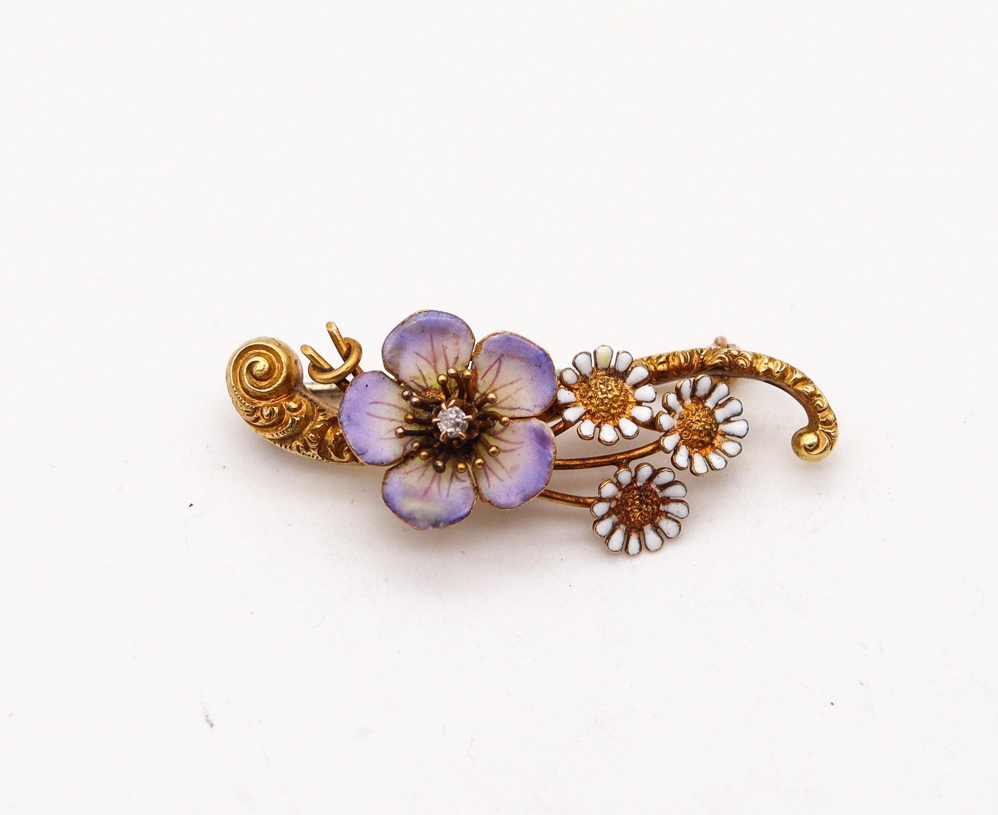 Art Nouveau ART NOUVEAU 1900 Edwardian Enameled Flowers Brooch In 18Kt Gold With Diamond For Sale