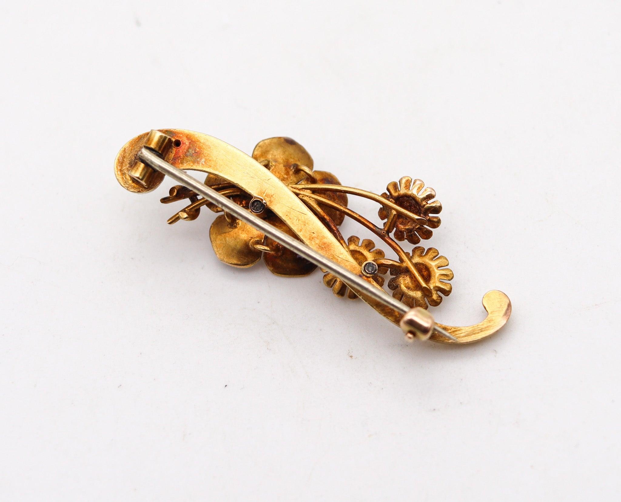 Old European Cut ART NOUVEAU 1900 Edwardian Enameled Flowers Brooch In 18Kt Gold With Diamond For Sale