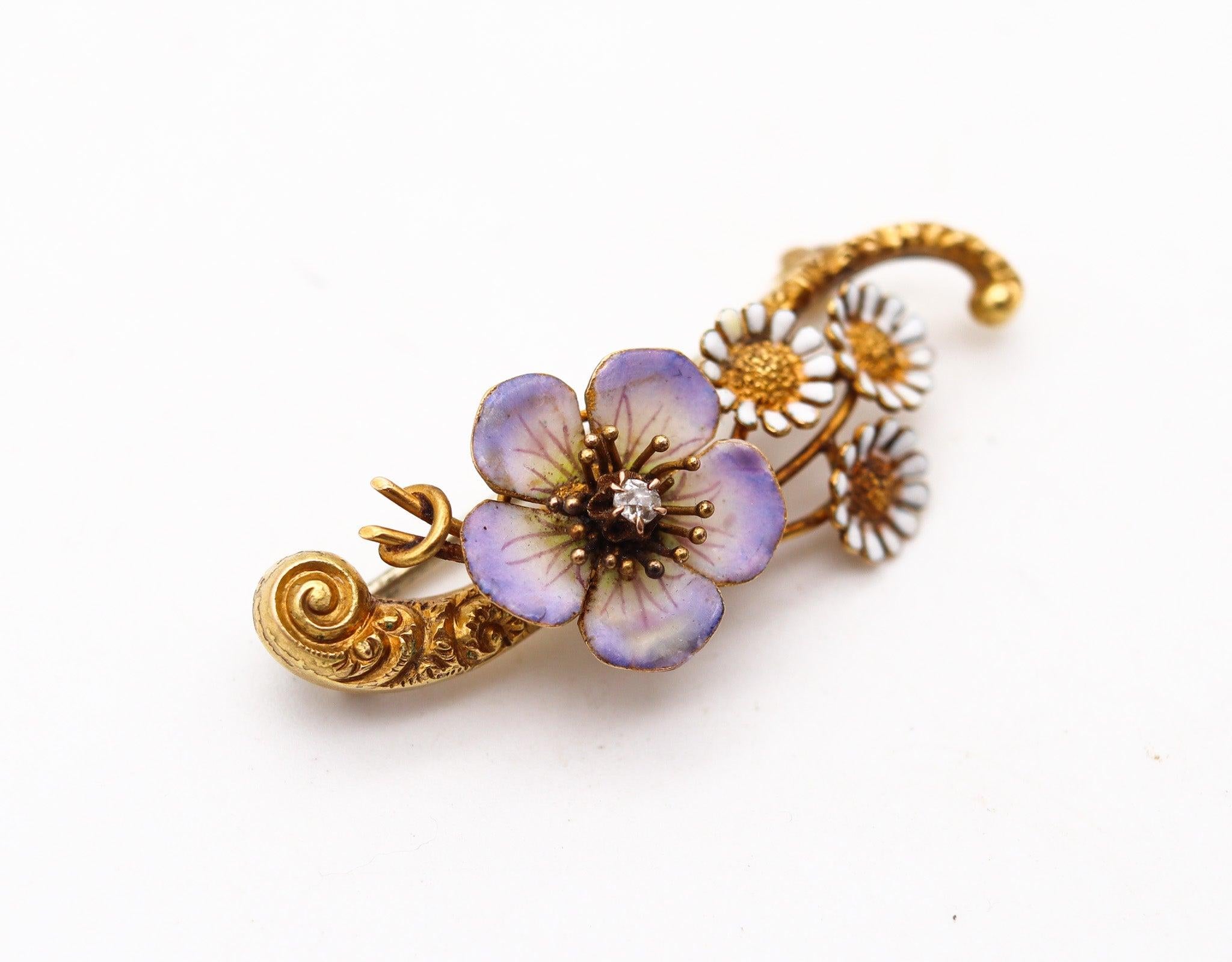 Women's ART NOUVEAU 1900 Edwardian Enameled Flowers Brooch In 18Kt Gold With Diamond For Sale