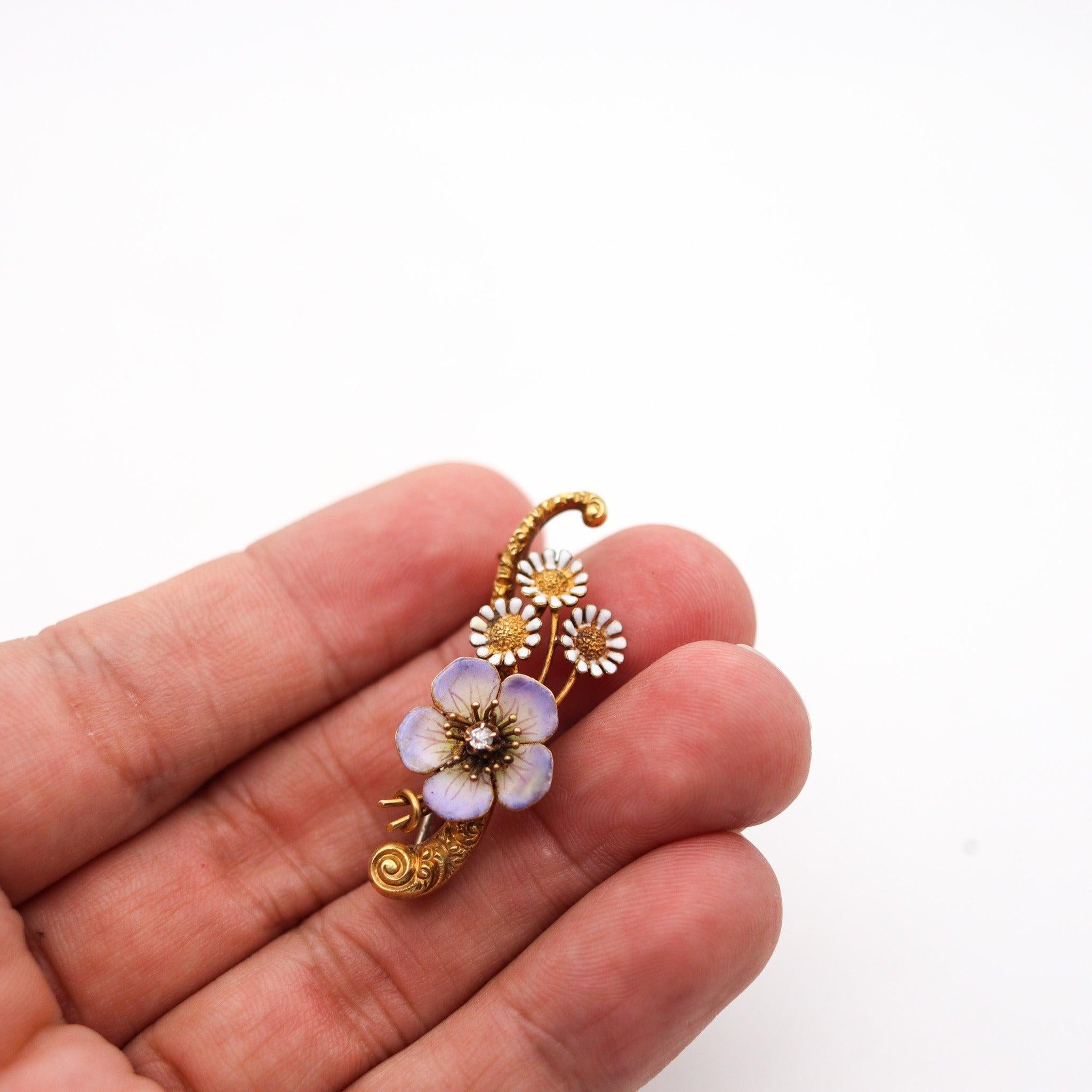 ART NOUVEAU 1900 Edwardian Enameled Flowers Brooch In 18Kt Gold With Diamond For Sale 1