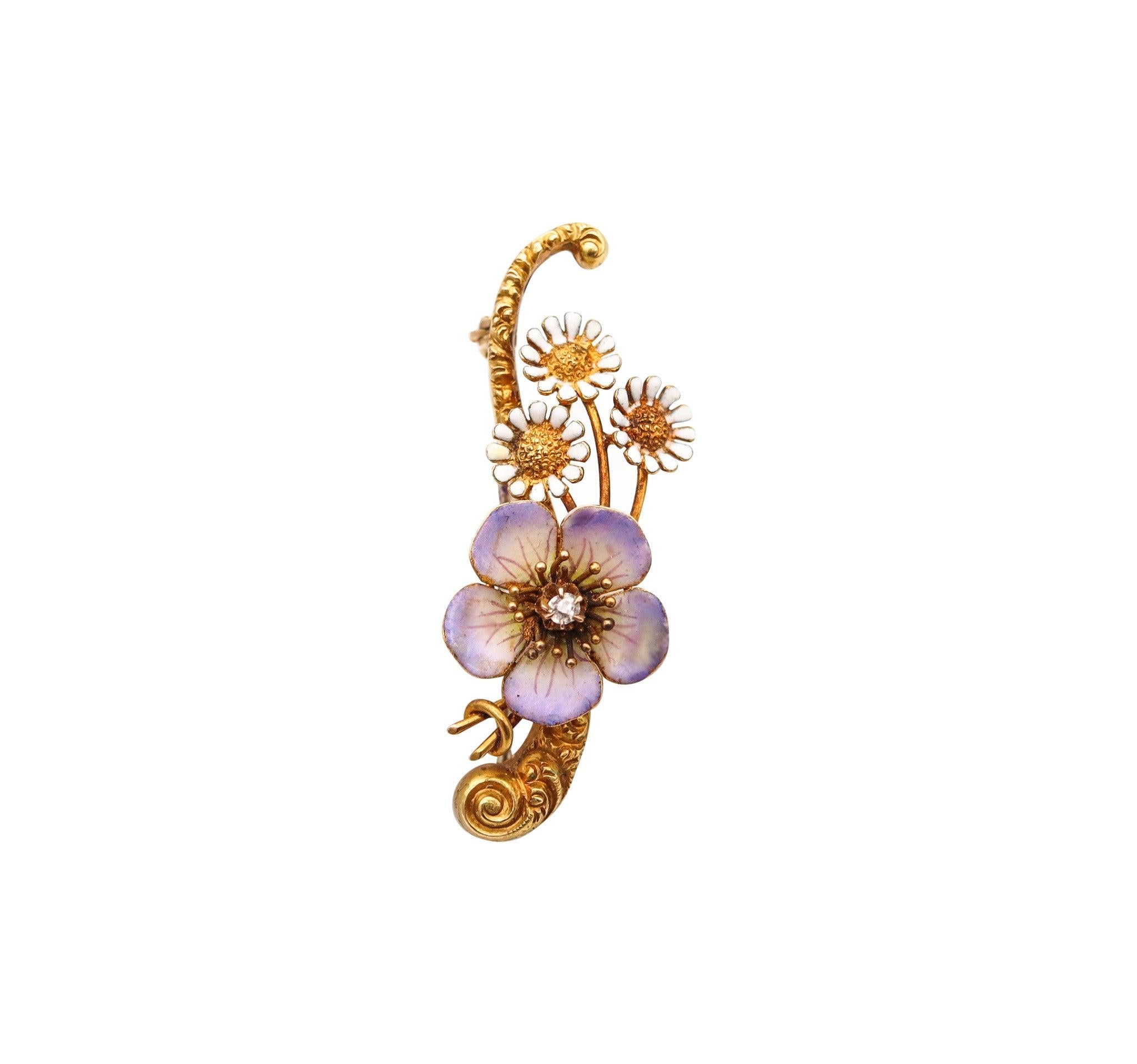 ART NOUVEAU 1900 Edwardian Enameled Flowers Brooch In 18Kt Gold With Diamond For Sale 2