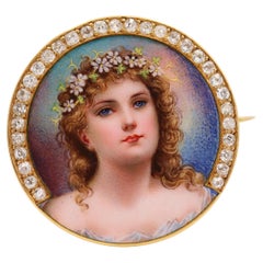 Art Nouveau 1900 Enamel Brooch in 18k yellow Gold with Diamonds