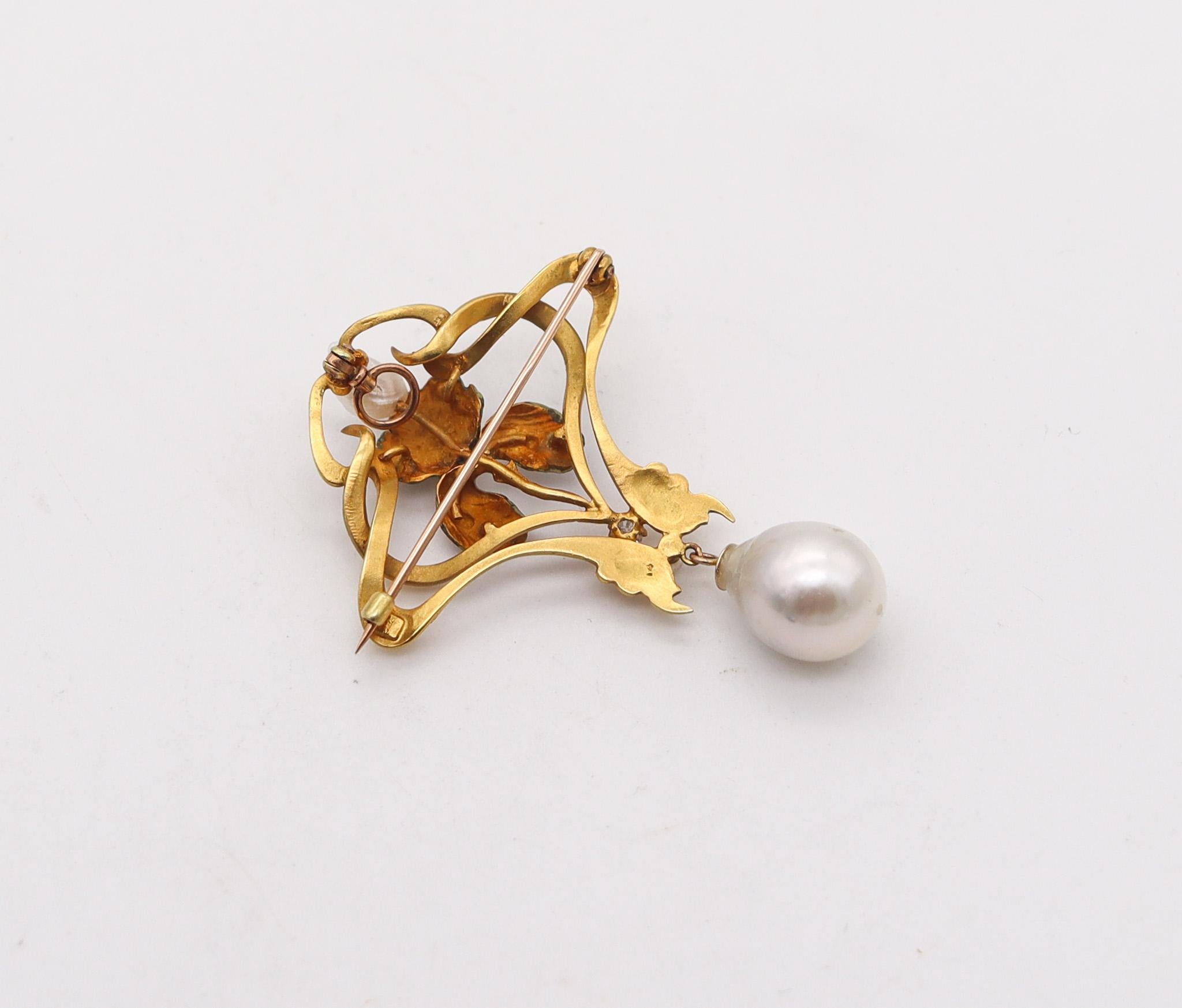 Mixed Cut Art Nouveau 1900 Enamel Orchid Pendant In 14Kt Gold With Diamond And Pearls For Sale
