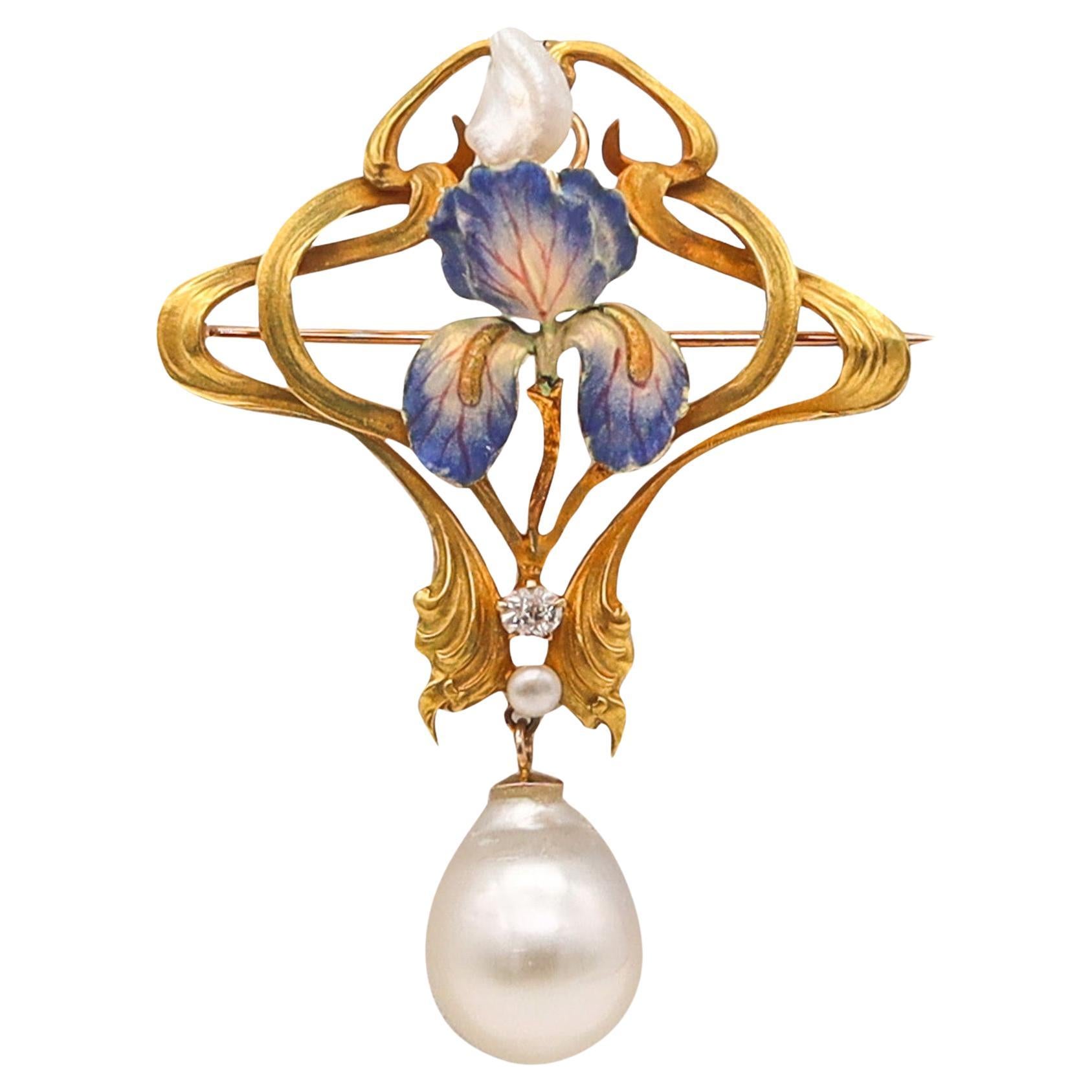 Jugendstil 1900 Emaille-Orchideen-Anhänger aus 14 Karat Gold mit Diamant und Perlen