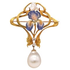 Vintage Art Nouveau 1900 Enamel Orchid Pendant In 14Kt Gold With Diamond And Pearls